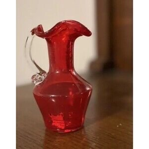 Vintage Hand Blown Ruby Red Cranberry Art Glass 5 Inch Cruet With Ruffled Top